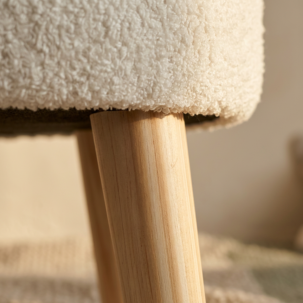 Close view of a tapered wood leg meeting the boucle underside