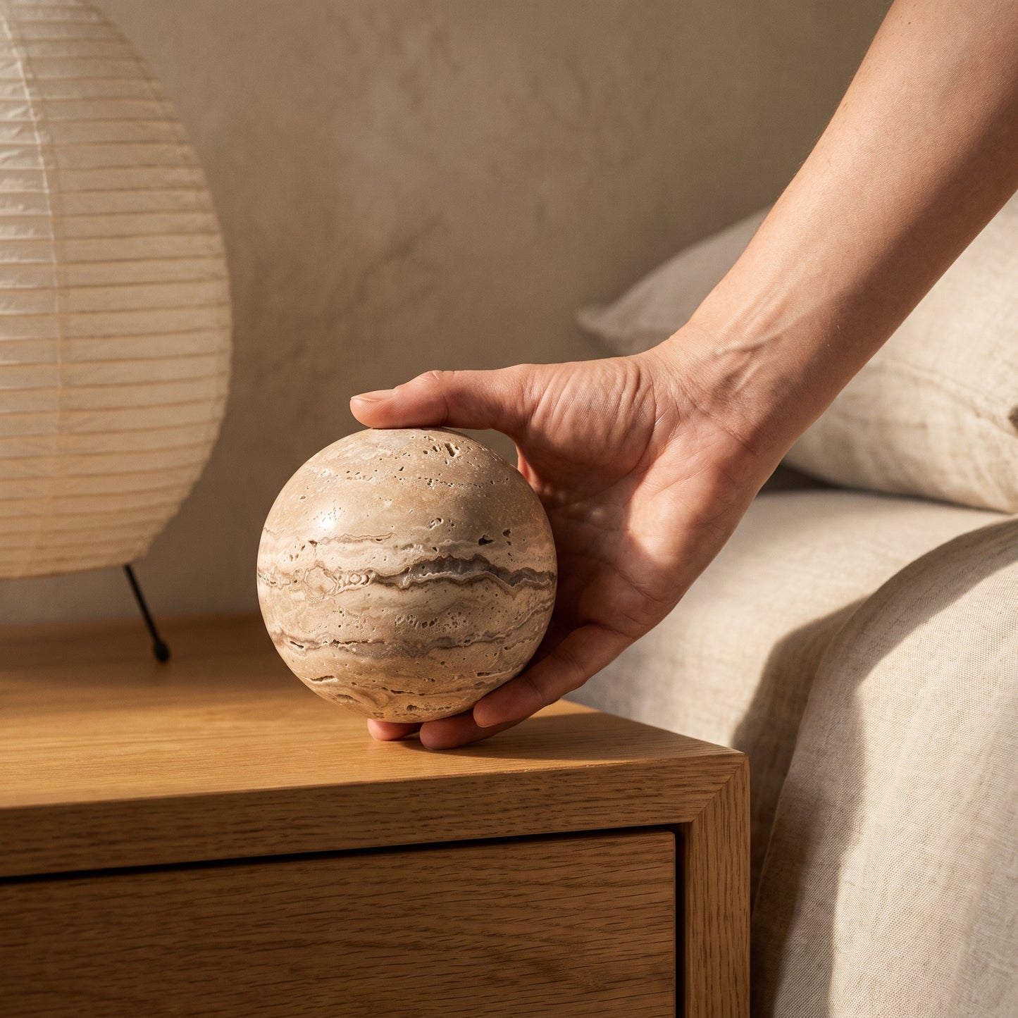 Lifting the 10 cm Tivoli™ Stone Sphere from the nightstand
