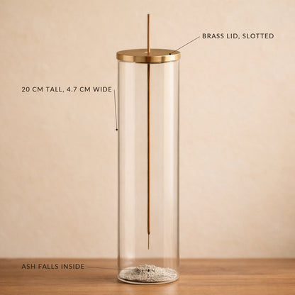 Chimney Incense Burner detail: slotted brass lid, 20 cm tall, ash falls inside