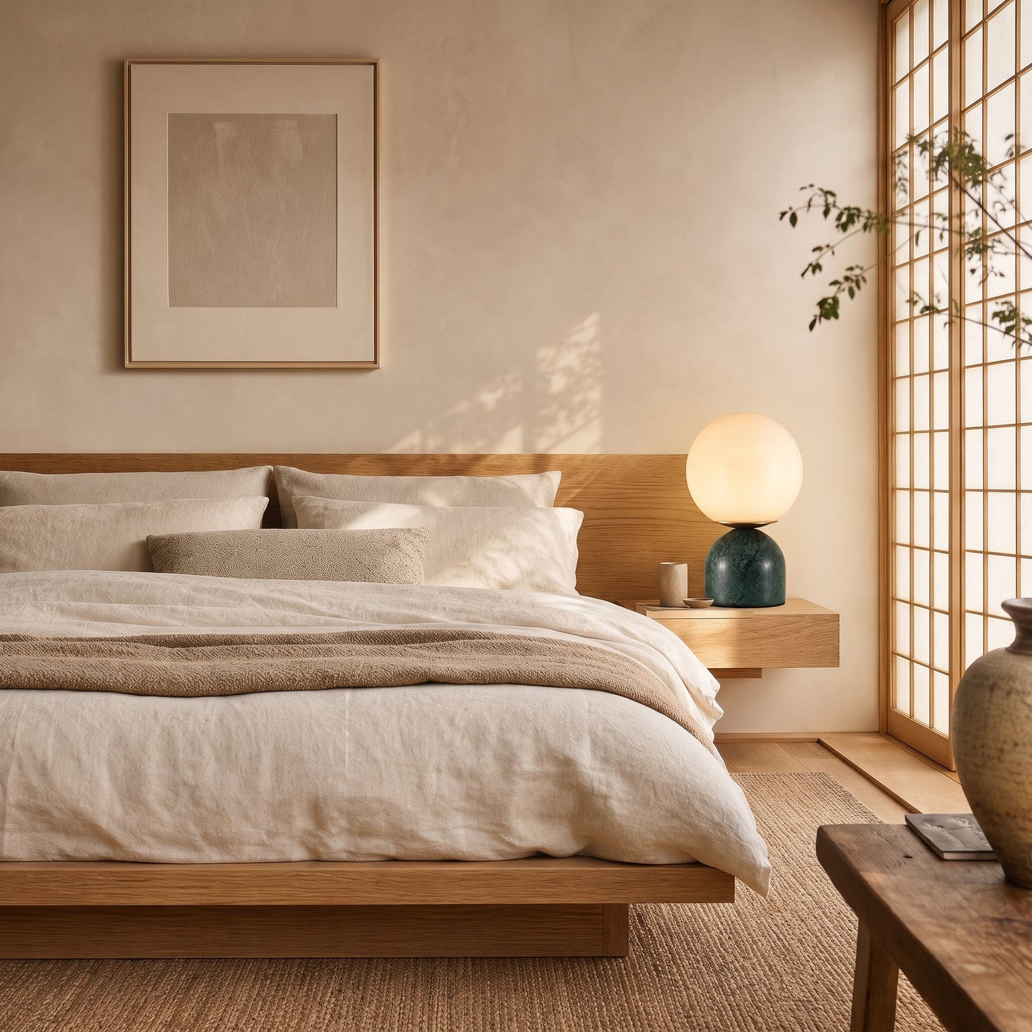 Cobble™ Marble Lamp glowing on a floating oak nightstand in a warm Japandi bedroom