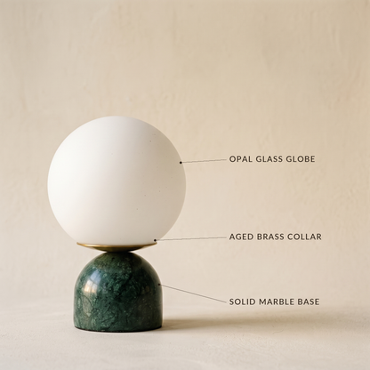 Cobble™ Marble Lamp with labels for the opal glass globe, aged brass collar and solid marble base