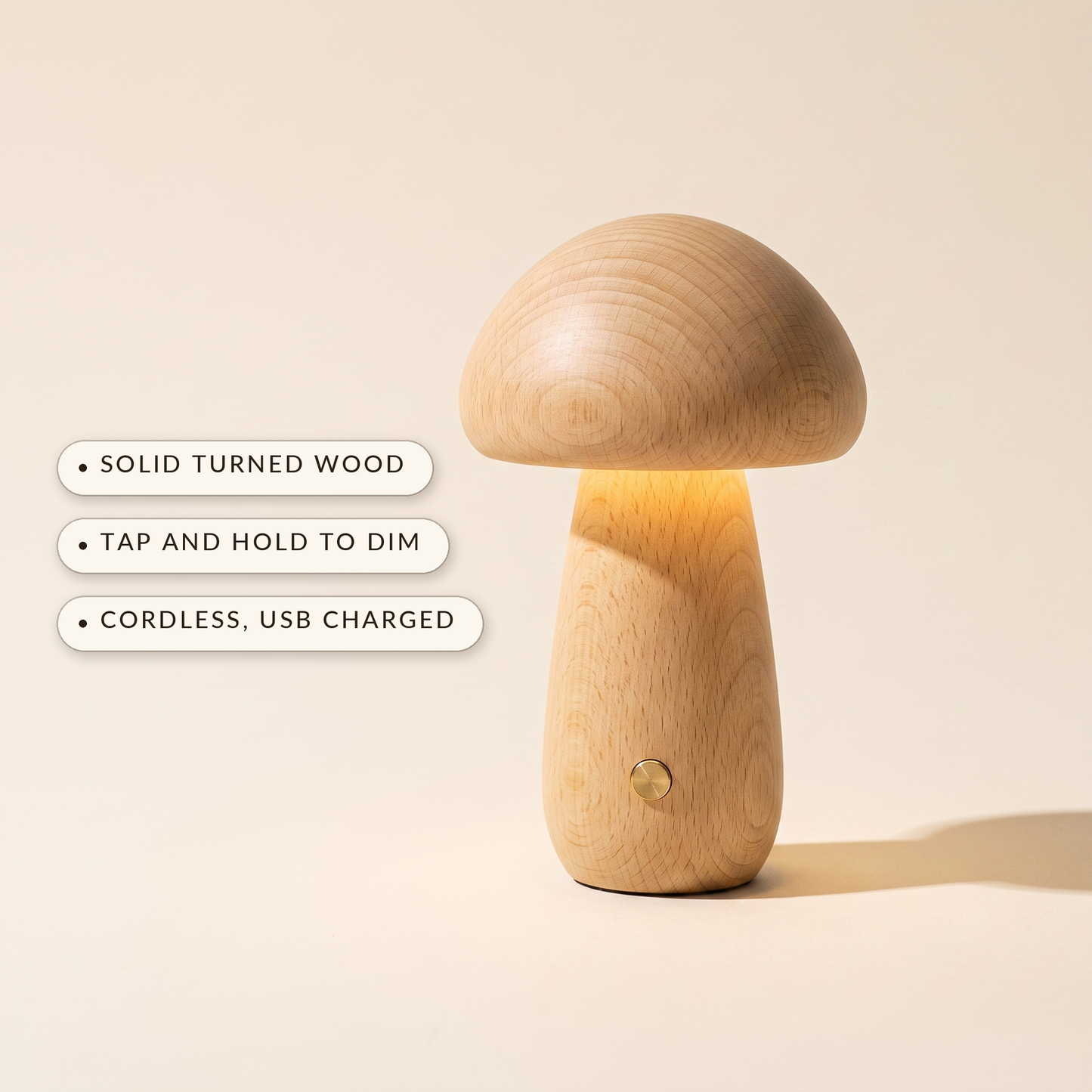 Porcini™ Mushroom Lamp — solid turned wood, tap and hold to dim, cordless USB charged