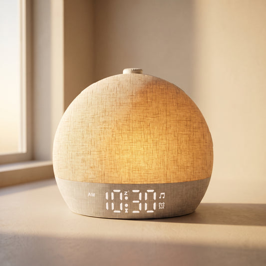 Dawn™ sunrise alarm clock glowing warm on a cream plaster surface