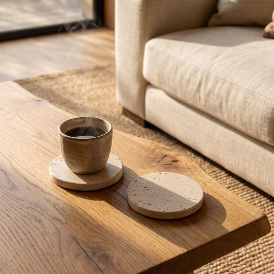 Strata™ Travertine Coasters on a live-edge oak coffee table in the Kopflo living room