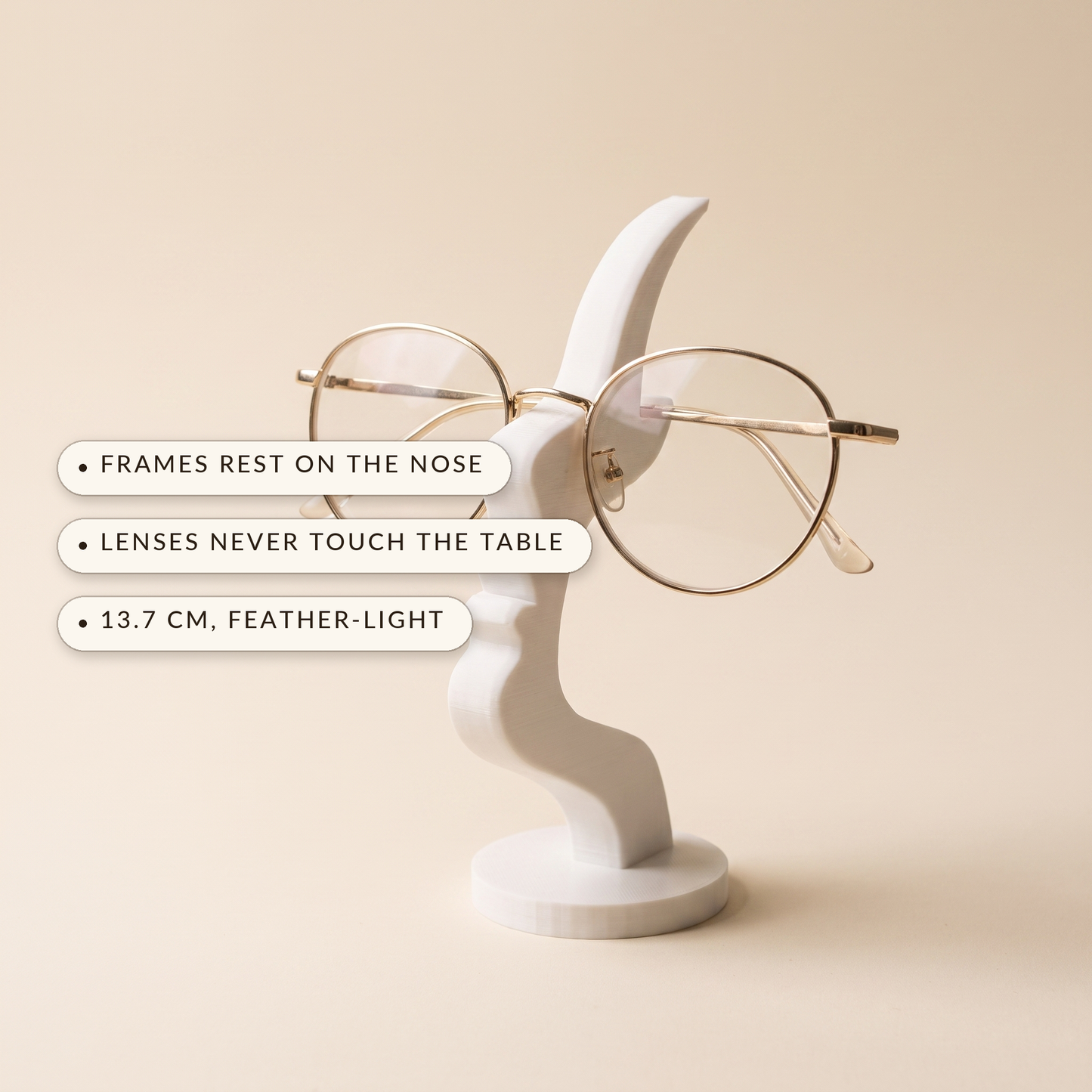 Visage™ Glasses Stand — frames rest on the nose, lenses never touch the table, 13.7 cm feather-light