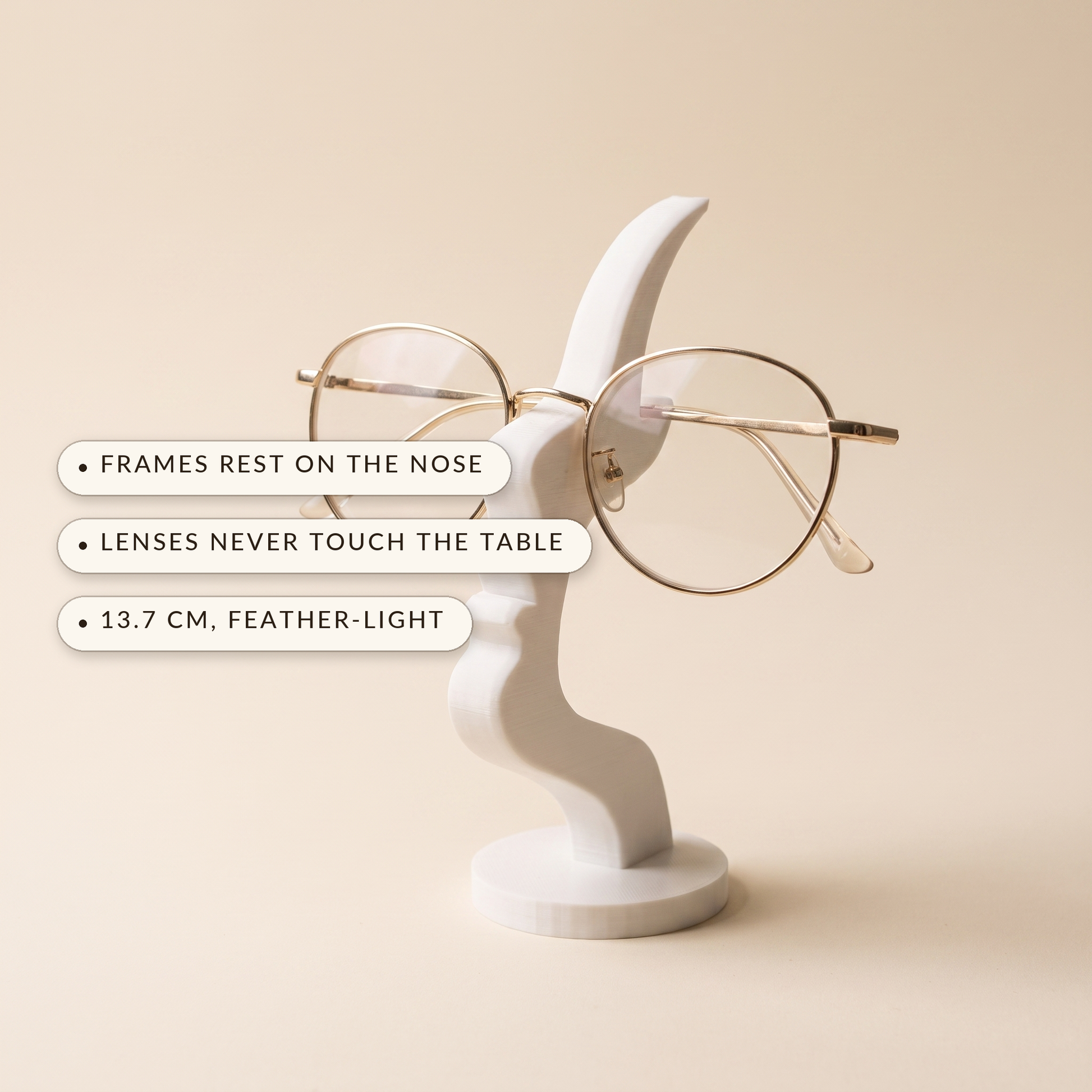 Visage™ Glasses Stand — frames rest on the nose, lenses never touch the table, 13.7 cm feather-light