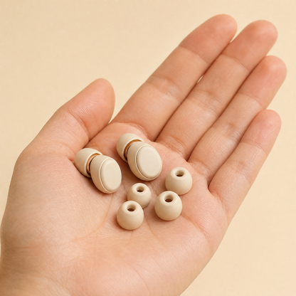 Kopflo Hush earplugs and spare tips in an open palm for scale