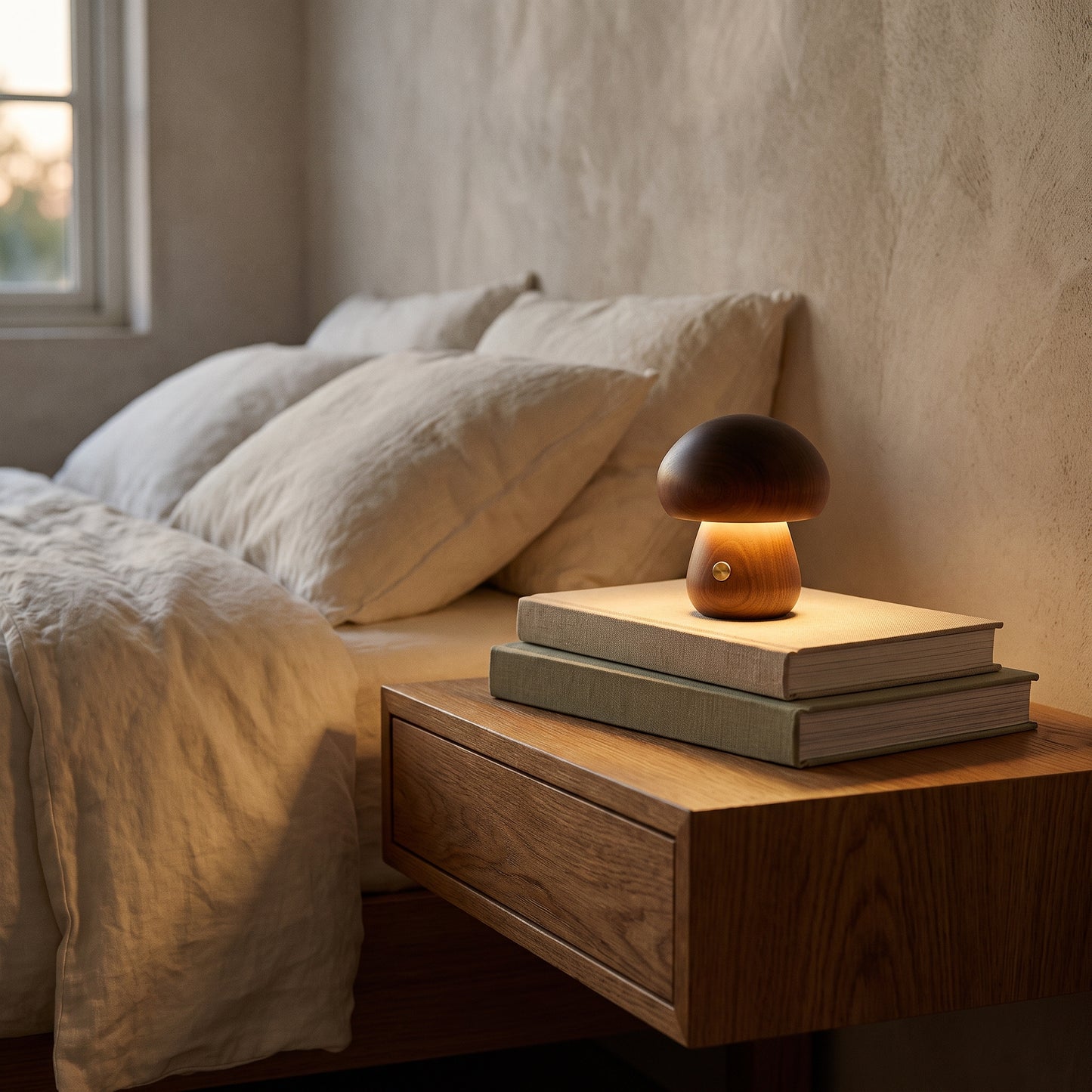 Petite Porcini™ Mushroom Lamp glowing on a stack of books in a warm Kopflo-style bedroom