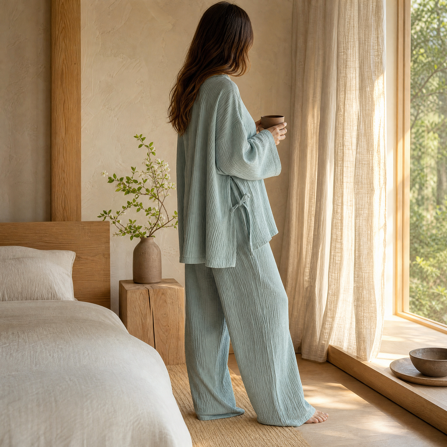 Woman wearing the sage kimono pajama set by the window
