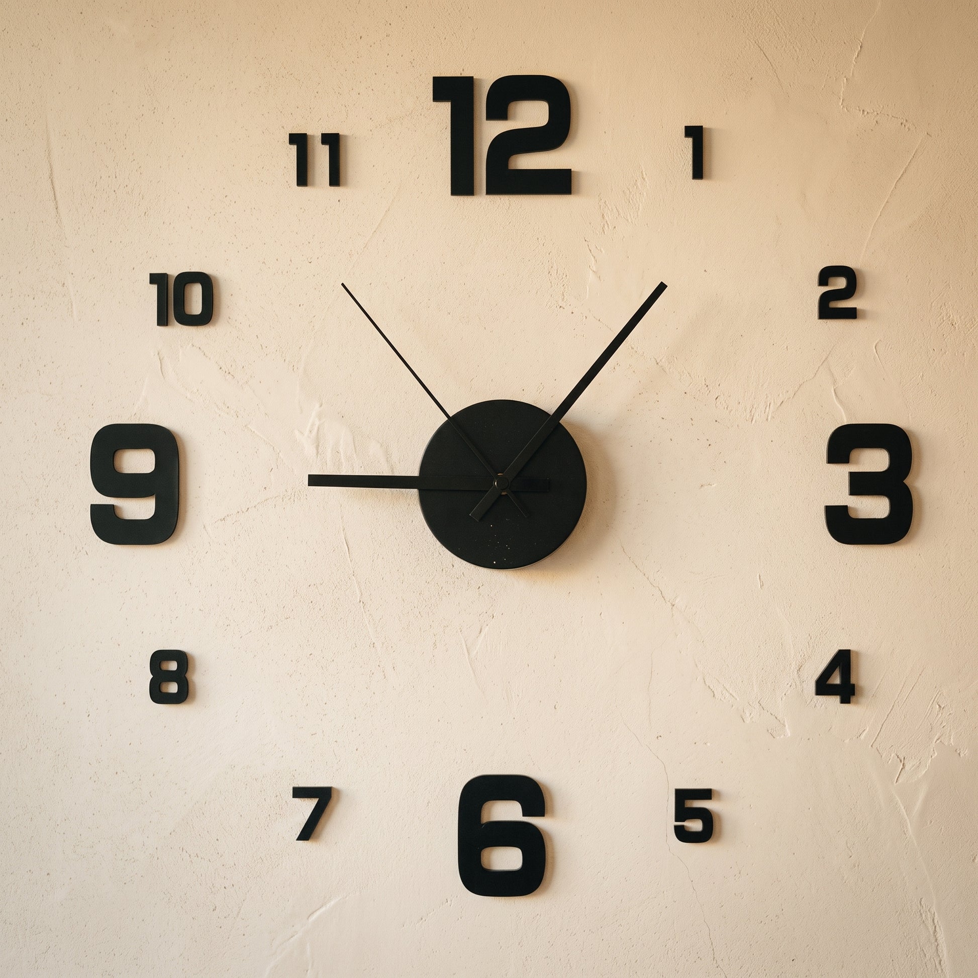 Float Clock frameless stick-on numerals and hub applied to a warm cream limewash wall