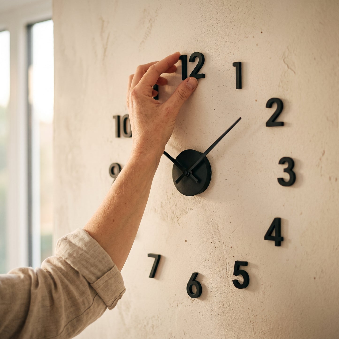 A hand pressing the numeral 12 onto a plaster wall while fitting the Float Clock