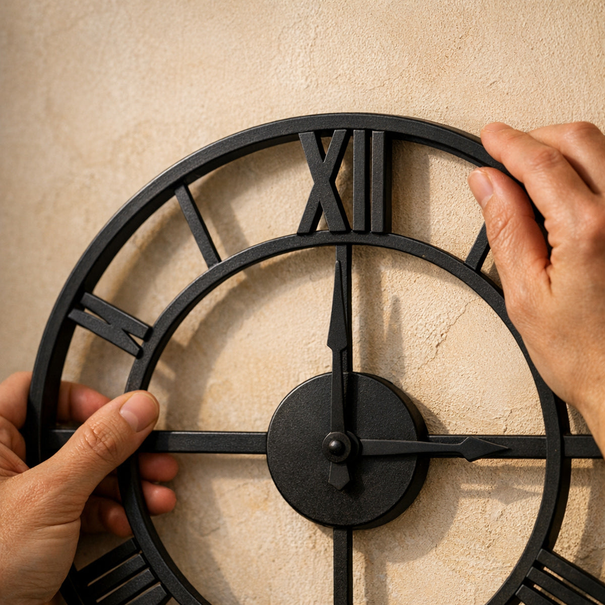 Hands levelling the Forum wall clock onto a nail on a cream plaster wall