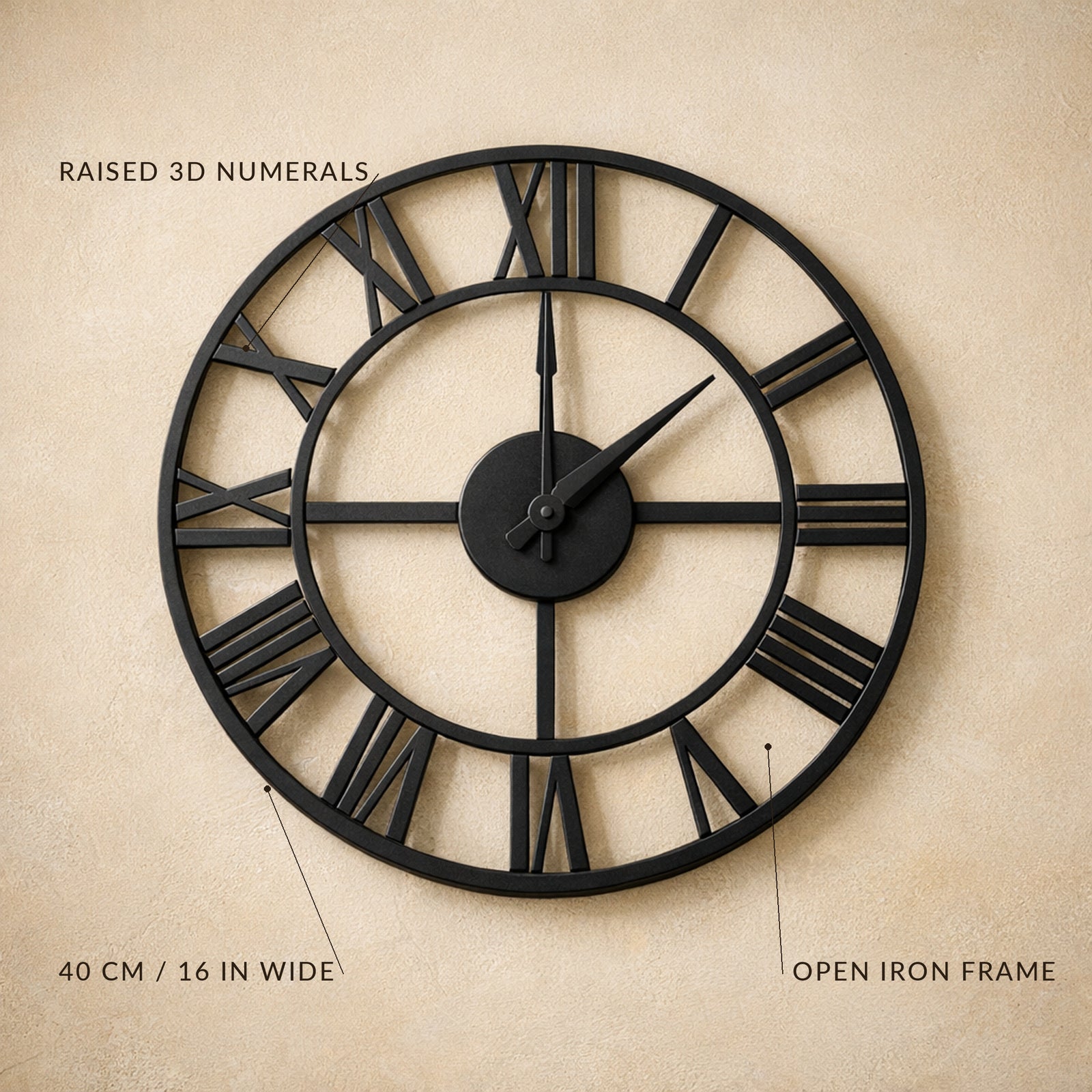Forum wall clock detail callouts: raised 3D numerals, 40 cm across, open iron frame