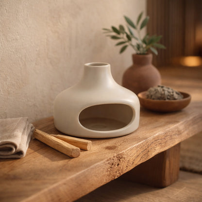 Cinder palo santo burner on an oak shelf with palo santo sticks and sage