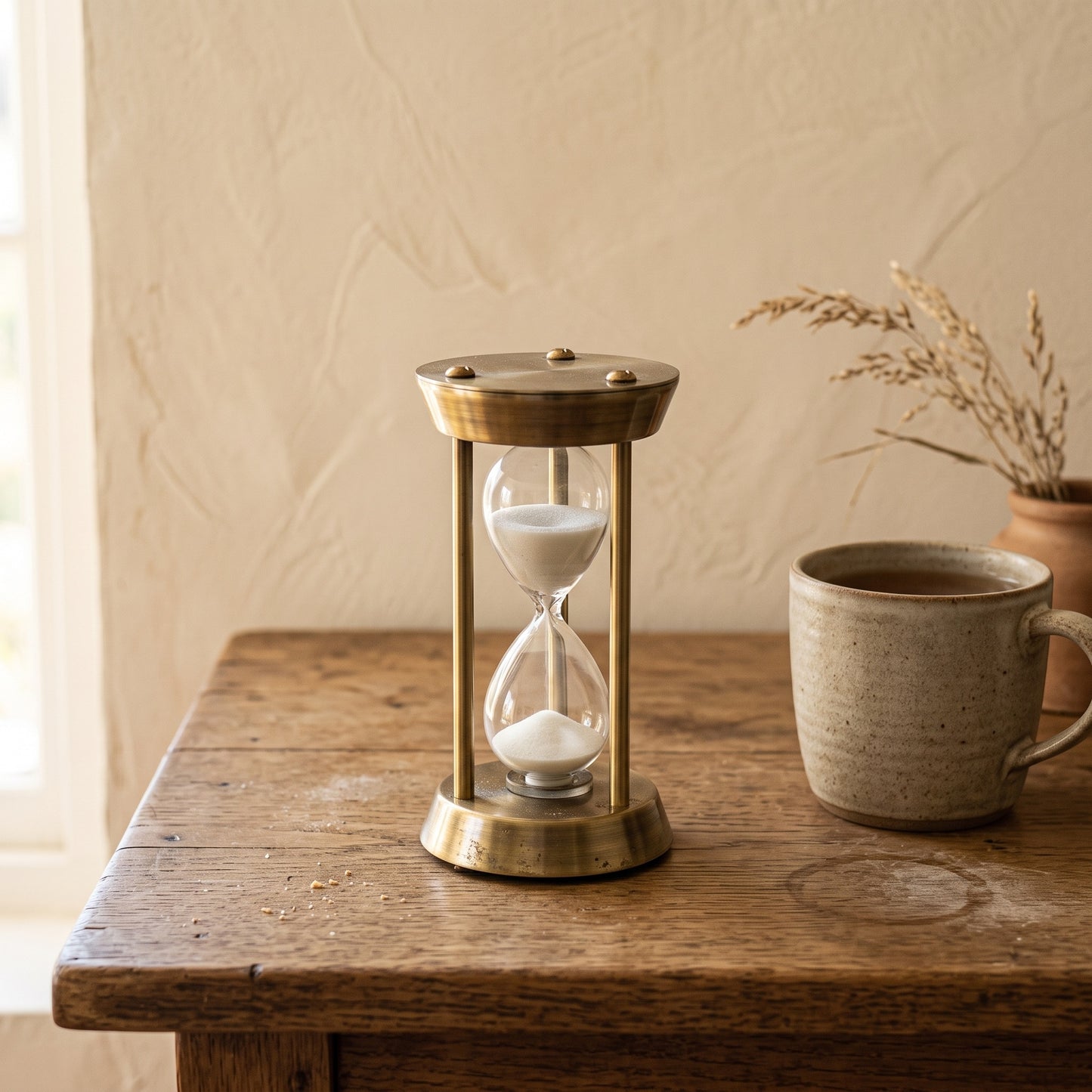 Ebb™ Sand Timer running beside a mug of tea on an oak table