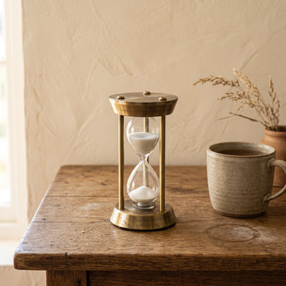 Ebb™ Sand Timer running beside a mug of tea on an oak table