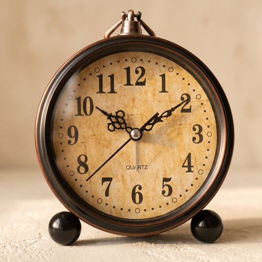 Patina aged-bronze bedside alarm clock on a warm cream plaster surface