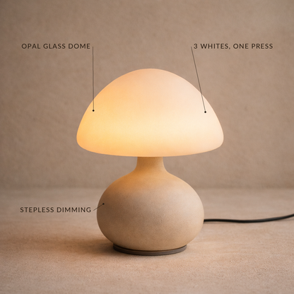Morel™ Mushroom Lamp features — opal glass dome, three whites in one press, stepless dimming