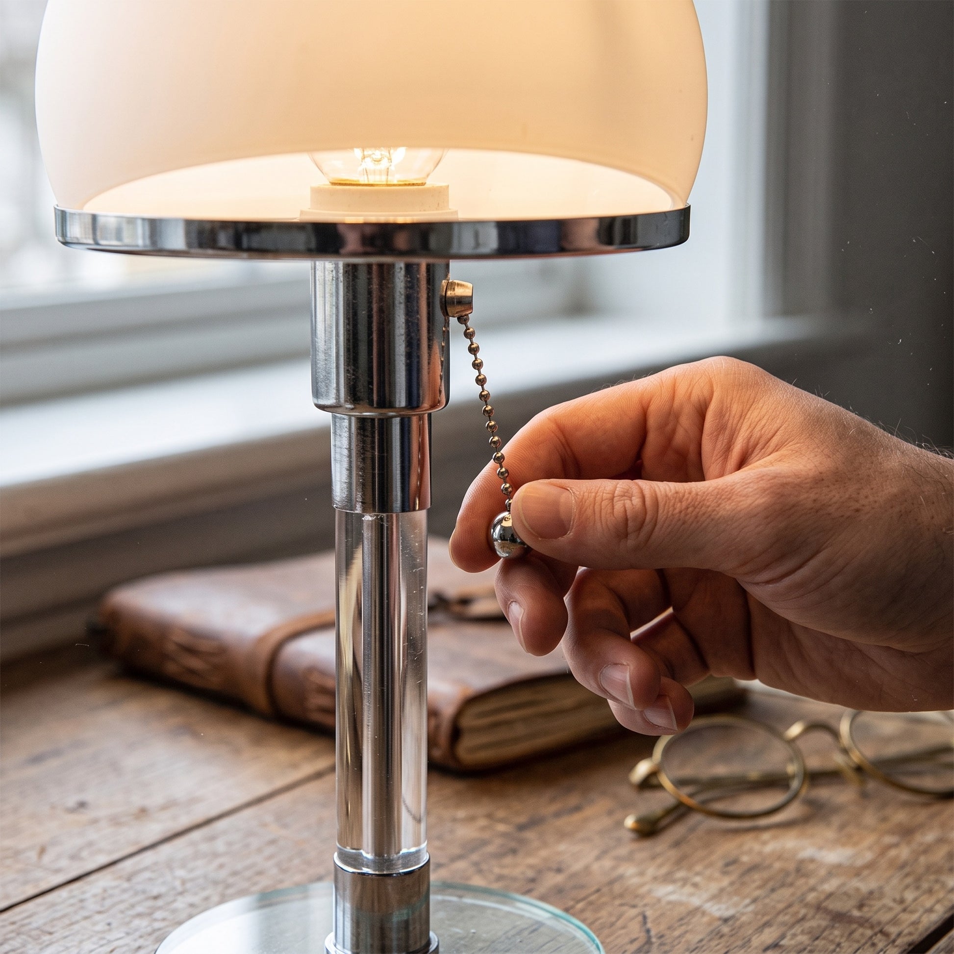 A hand pulling the ball-chain switch on the Opal™ Table Lamp