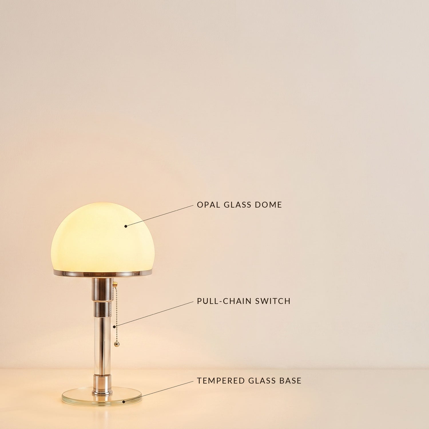 Opal™ Table Lamp detail — opal glass dome, pull-chain switch, tempered glass base