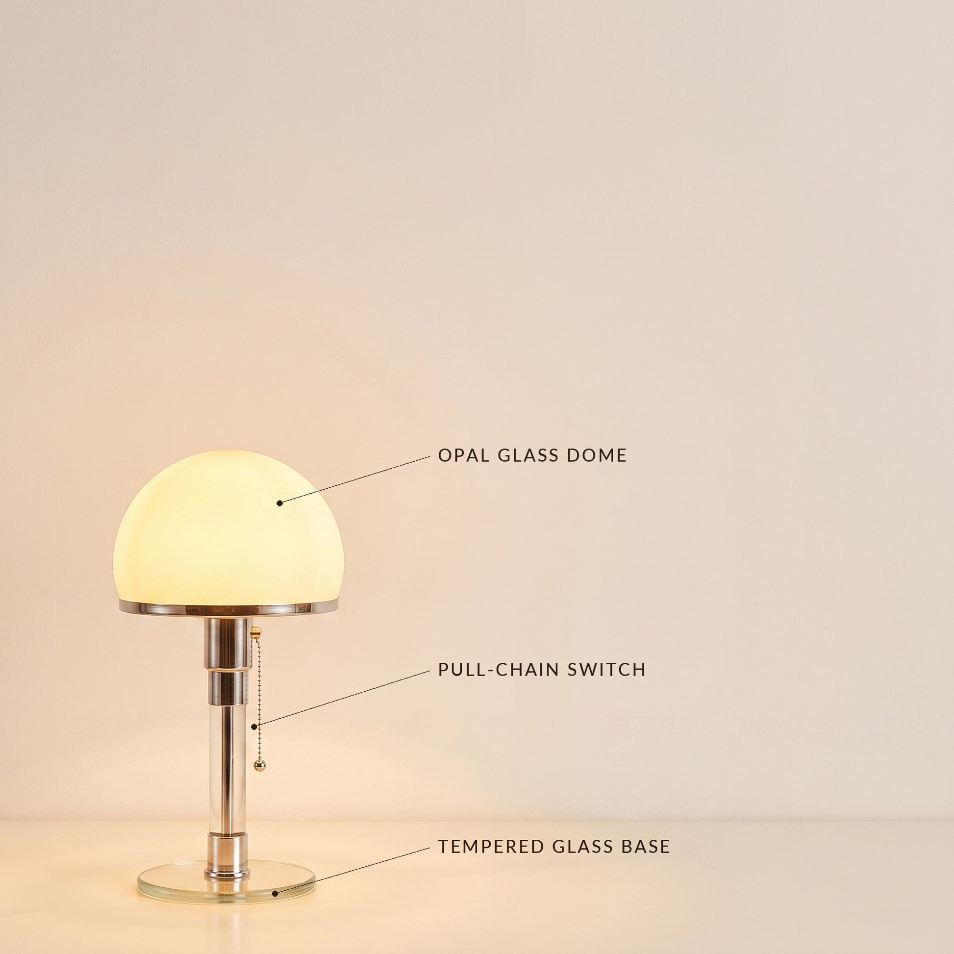 Opal™ Table Lamp detail — opal glass dome, pull-chain switch, tempered glass base