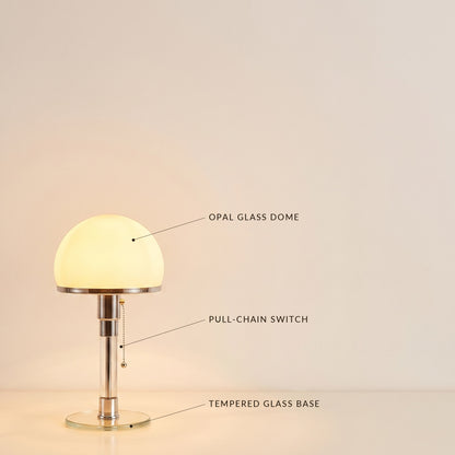 Opal™ Table Lamp detail — opal glass dome, pull-chain switch, tempered glass base