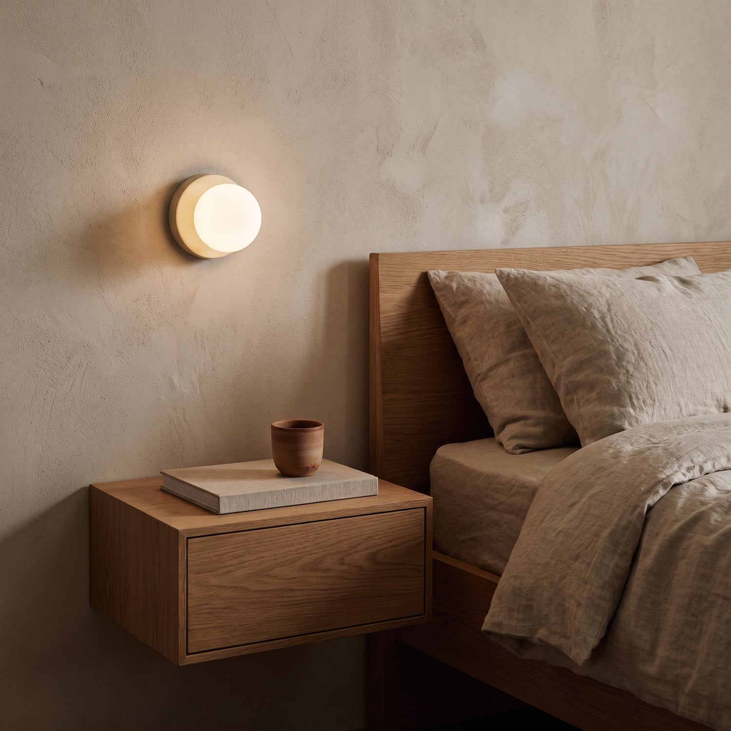 Cream Orb sconce glowing above a floating oak nightstand beside a linen bed