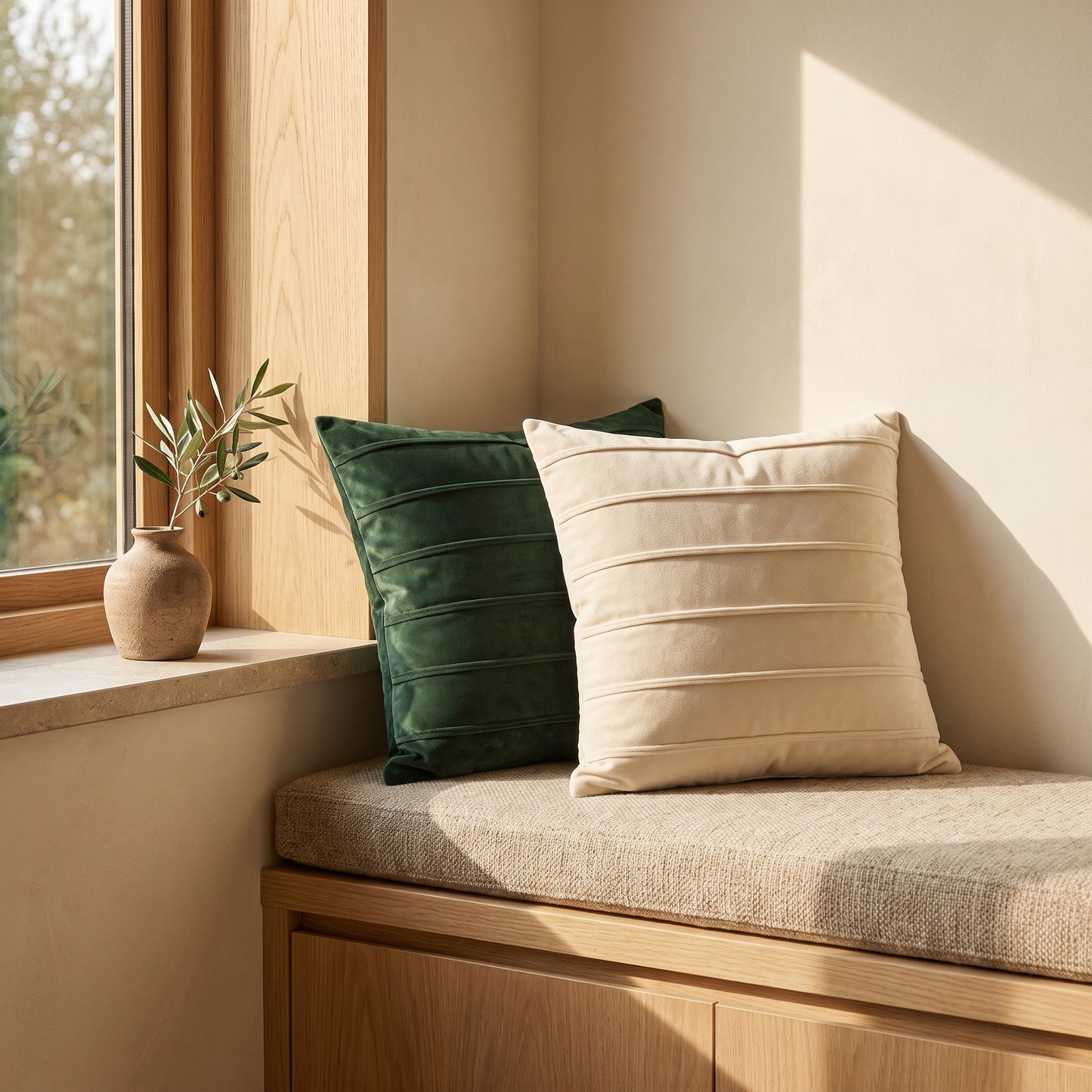Ivory and forest Pleat cushions on an oak window bench in afternoon light