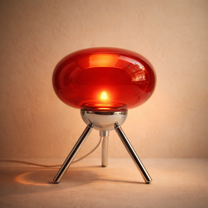 Ruby™ Glass Mushroom Lamp — wide translucent ruby-red glass shade on a polished chrome tripod, glowing on warm cream plaster