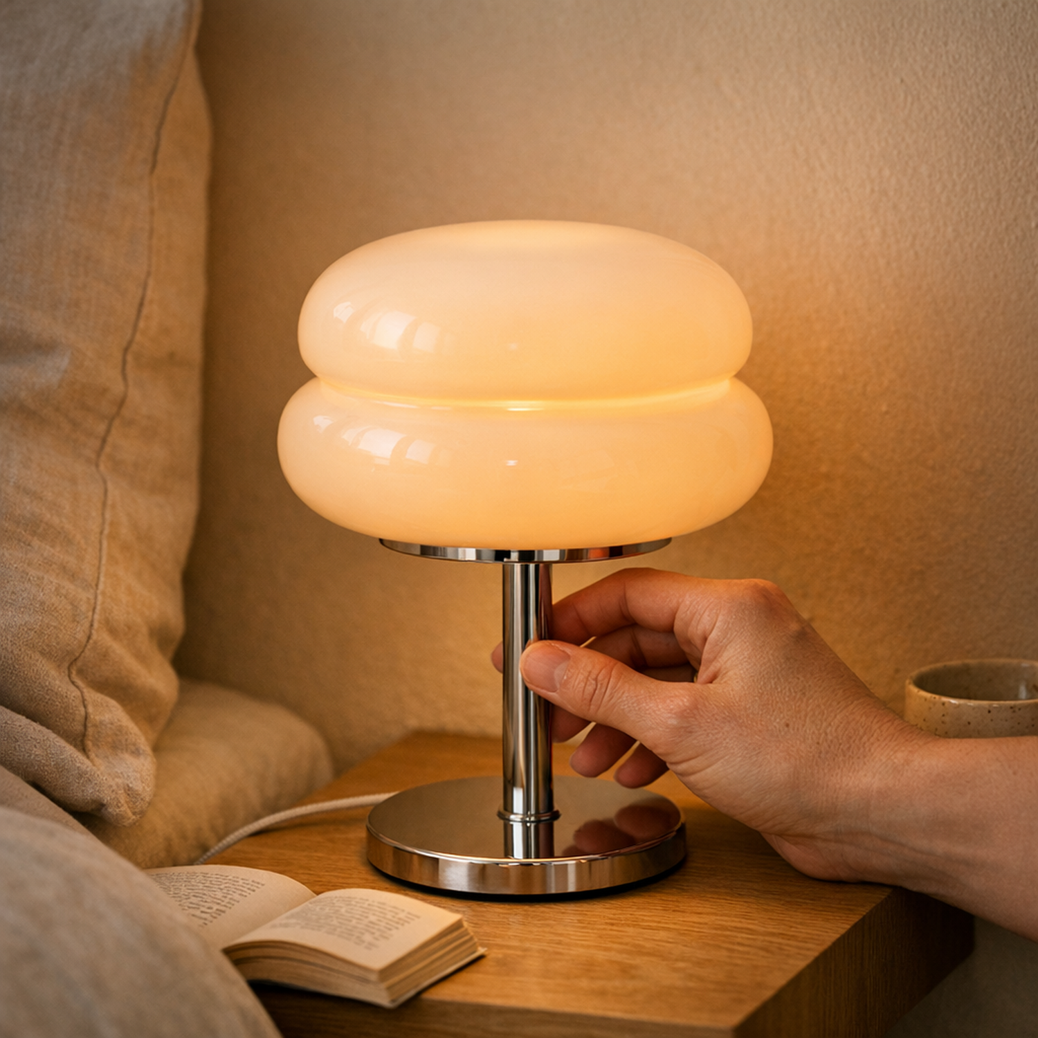 Sable lamp lit warm amber on a bedside table at dusk, a hand adjusting the chrome stem