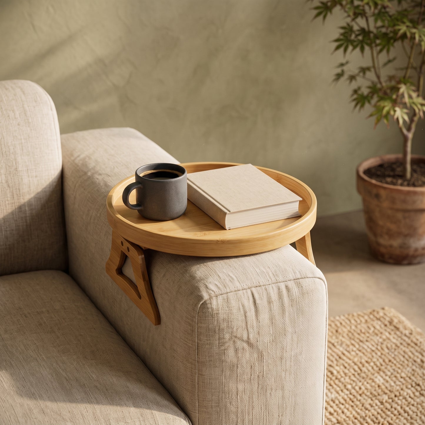 Saddle™ clamped over the arm of a linen sofa holding a stoneware mug and a book