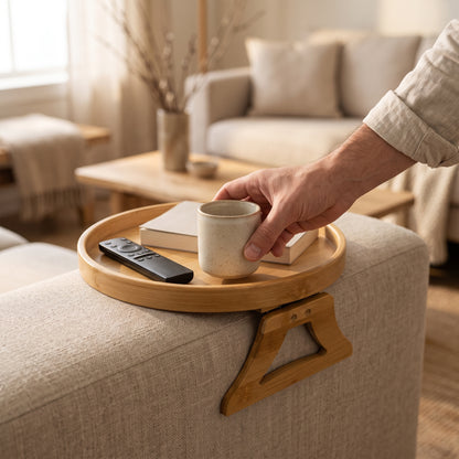 A hand setting a mug down onto the Saddle™ tray on a sofa arm