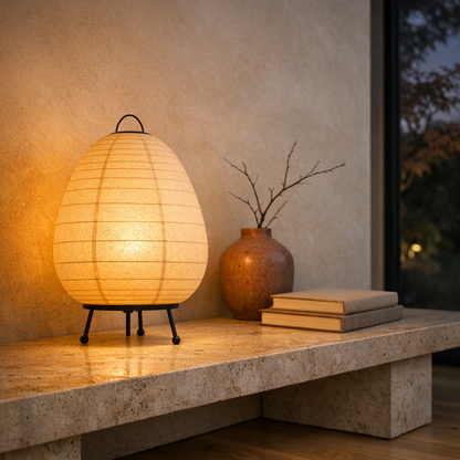 Shoji Paper Table Lamp lit at dusk on a travertine console beside a clay vase and books