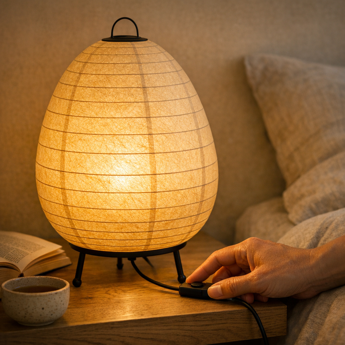 Hand thumbing the inline switch of the Shoji Paper Table Lamp on an oak nightstand at night