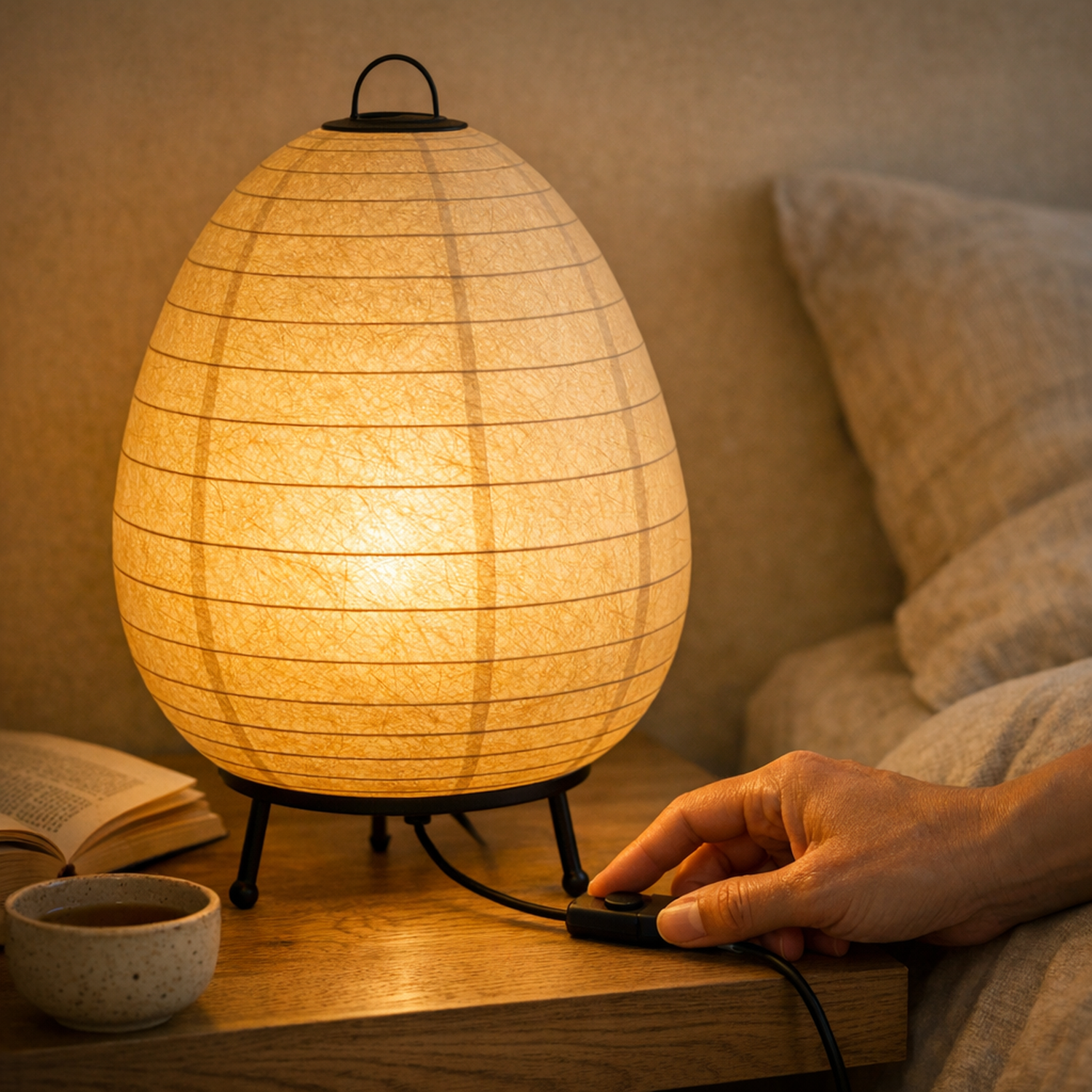 Hand thumbing the inline switch of the Shoji Paper Table Lamp on an oak nightstand at night