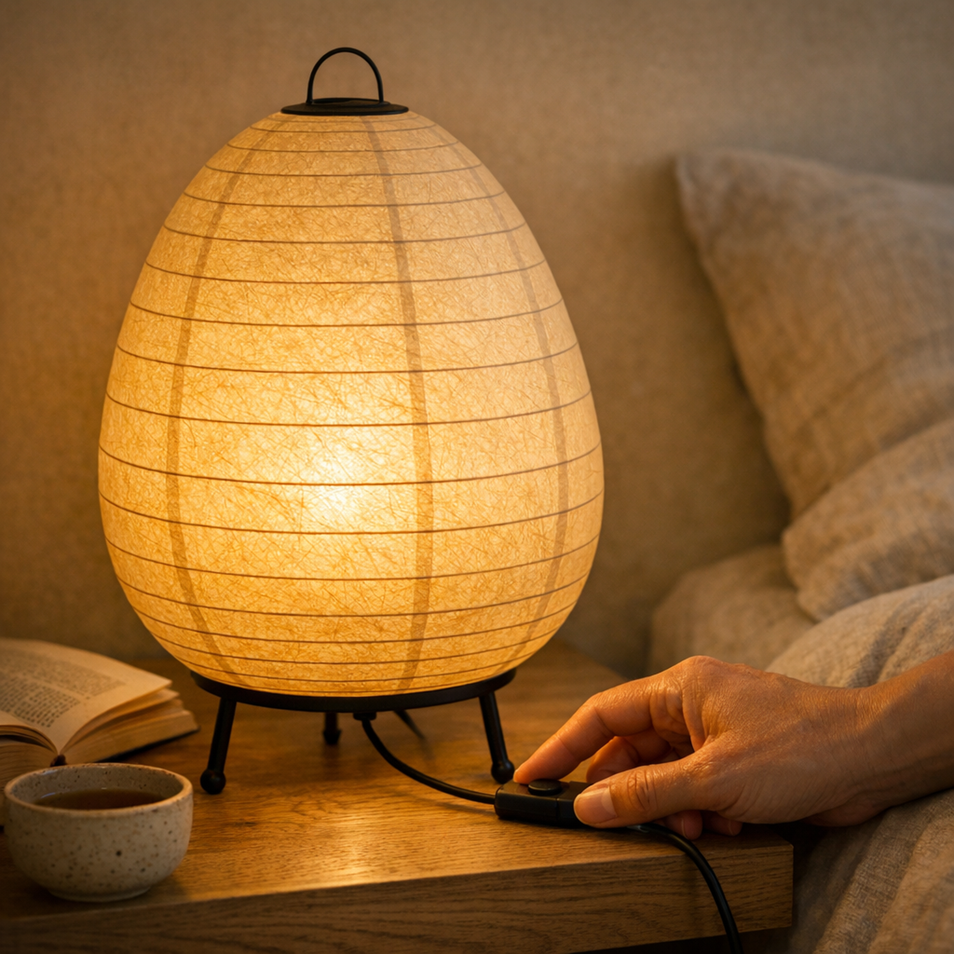 Hand thumbing the inline switch of the Shoji Paper Table Lamp on an oak nightstand at night