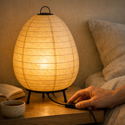 Hand thumbing the inline switch of the Shoji Paper Table Lamp on an oak nightstand at night