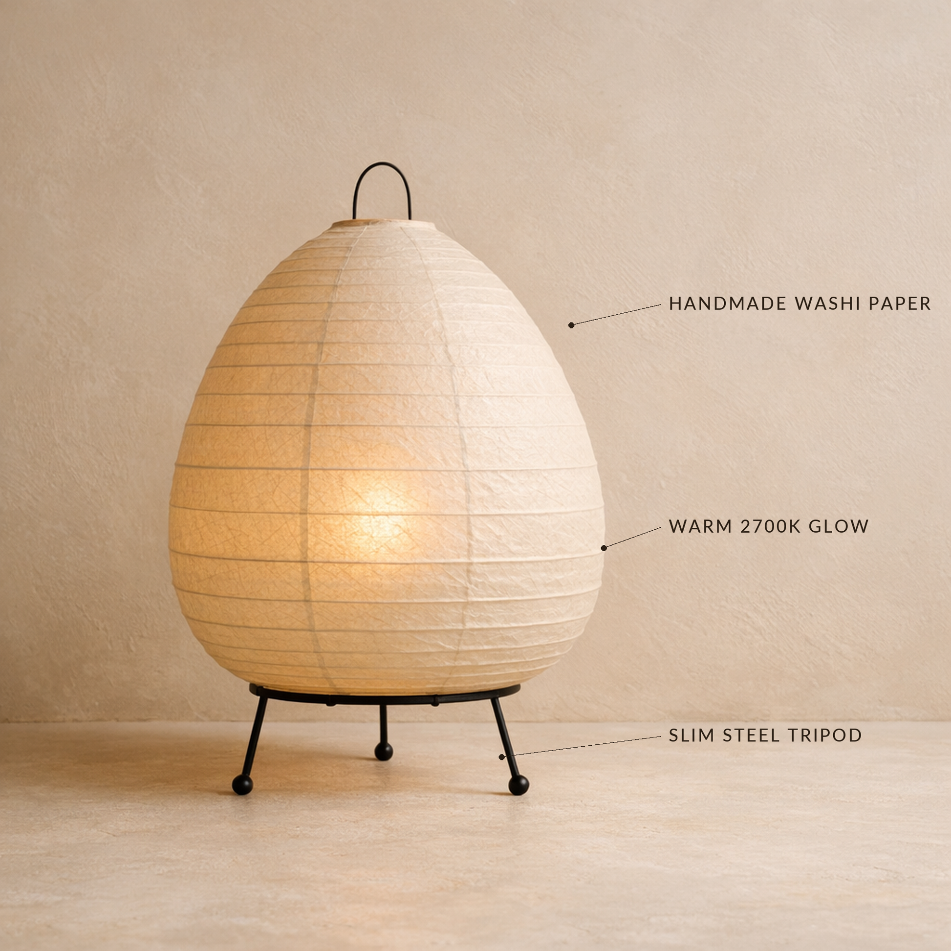 Shoji Paper Table Lamp with labels for handmade washi paper, warm 2700K glow and slim steel tripod