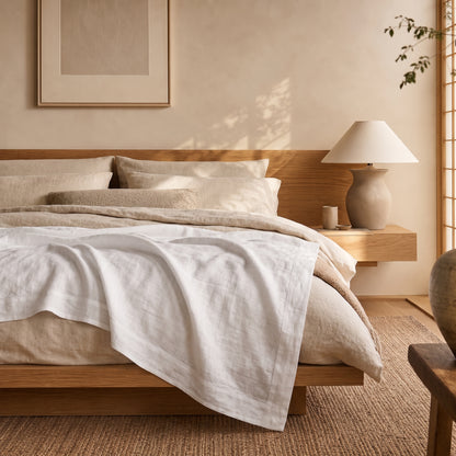 White linen flat sheet made up over an oatmeal duvet on an oak platform bed
