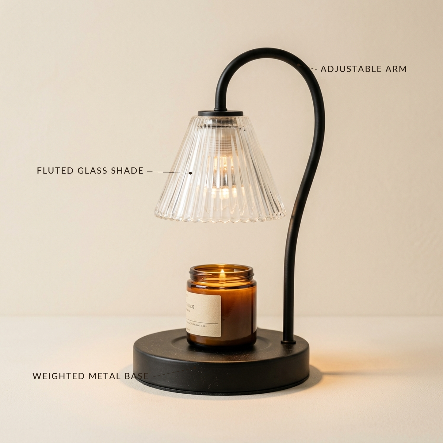 Taper™ Candle Warmer Lamp with labelled fluted glass shade, adjustable arm and weighted metal base