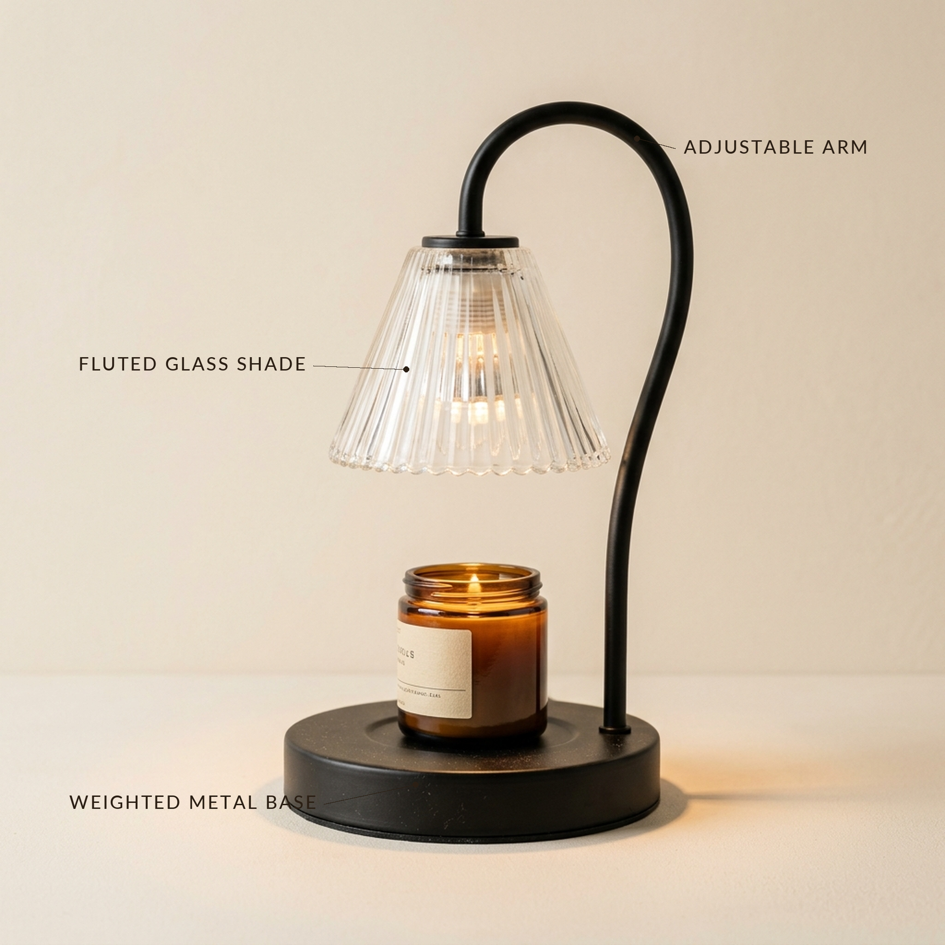 Taper™ Candle Warmer Lamp with labelled fluted glass shade, adjustable arm and weighted metal base