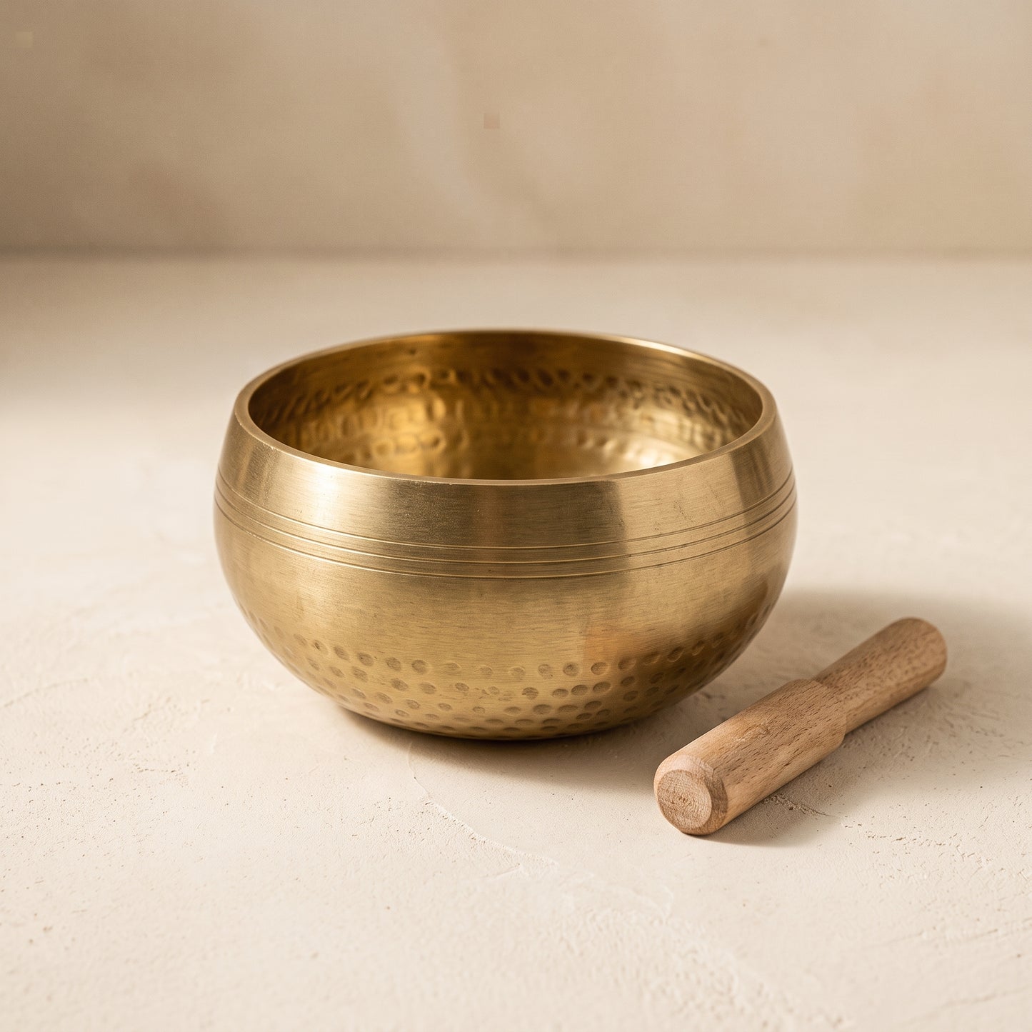 Timbre™ Singing Bowl — hand-hammered solid brass bowl with turned hardwood striker