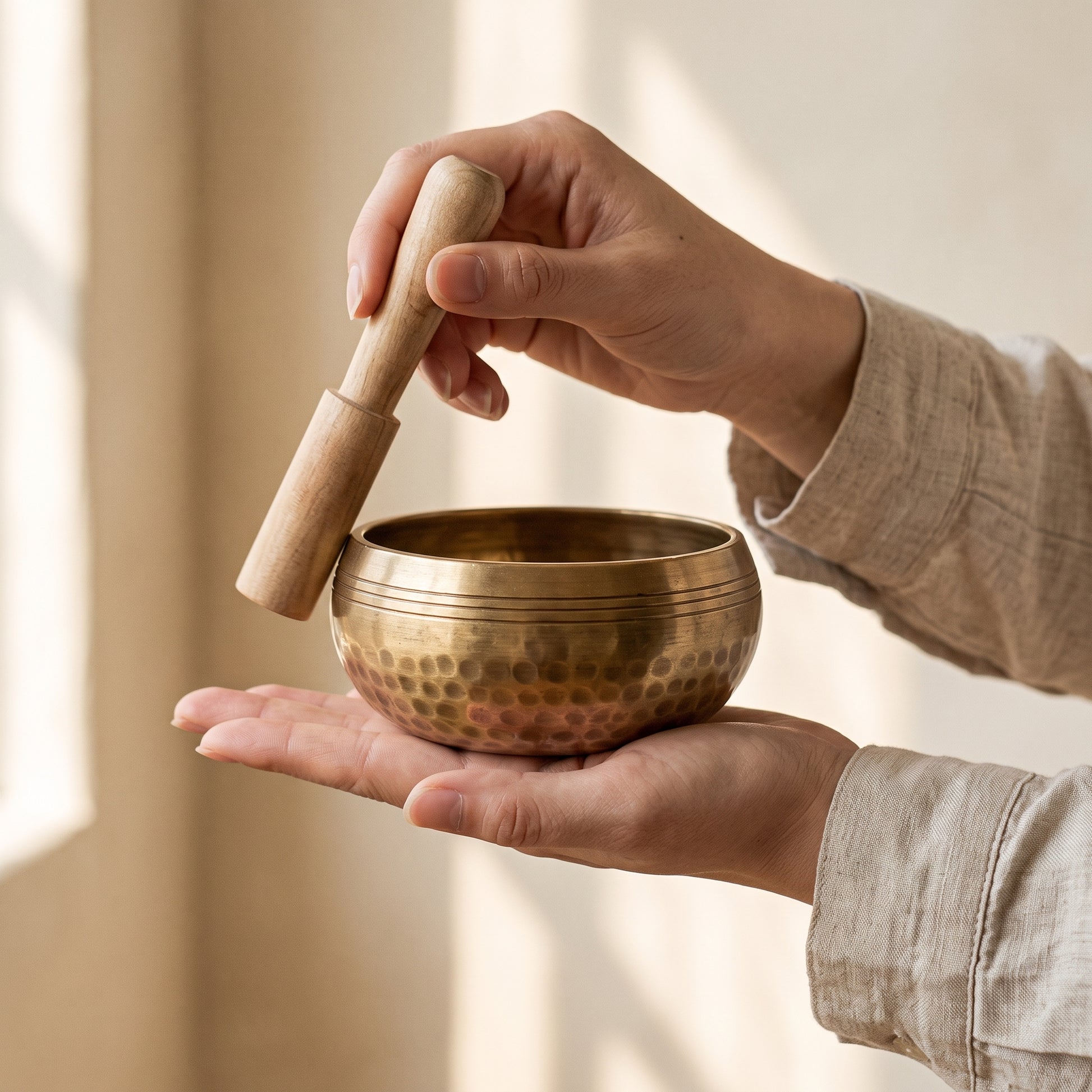 Timbre™ balanced on an open palm while the striker is drawn around the rim