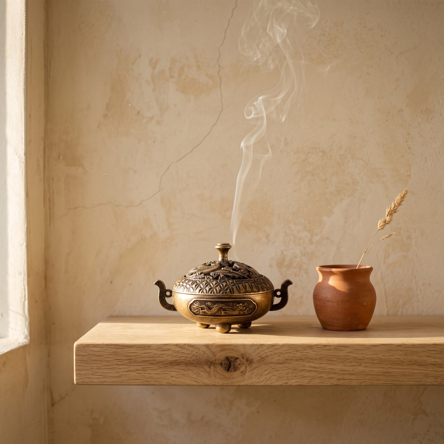 Waft™ Brass Censer burning on an oak shelf against a warm plaster wall