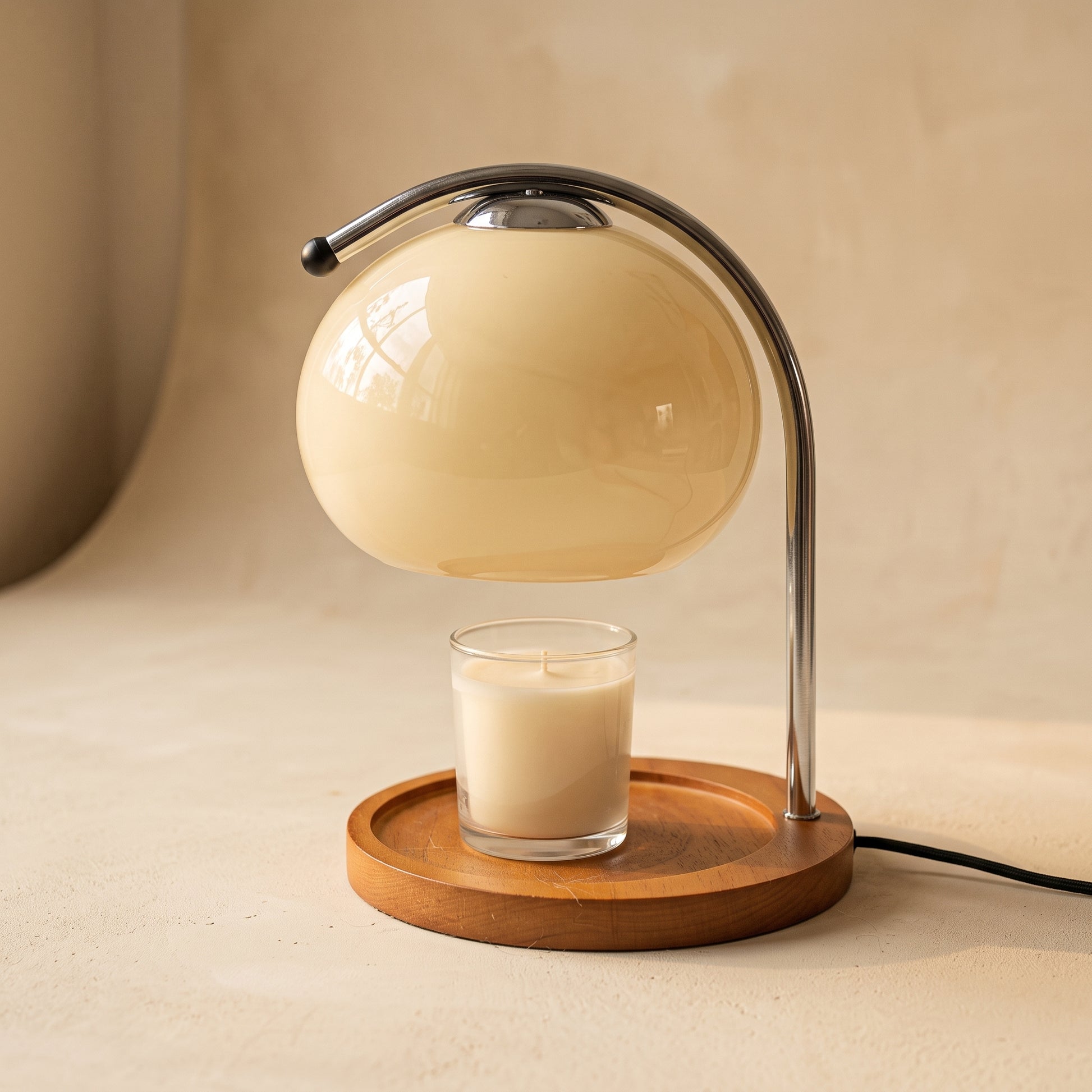 Wick™ Candle Warmer Lamp in Ivory — opaline glass globe on a chrome arm over a solid wood base tray