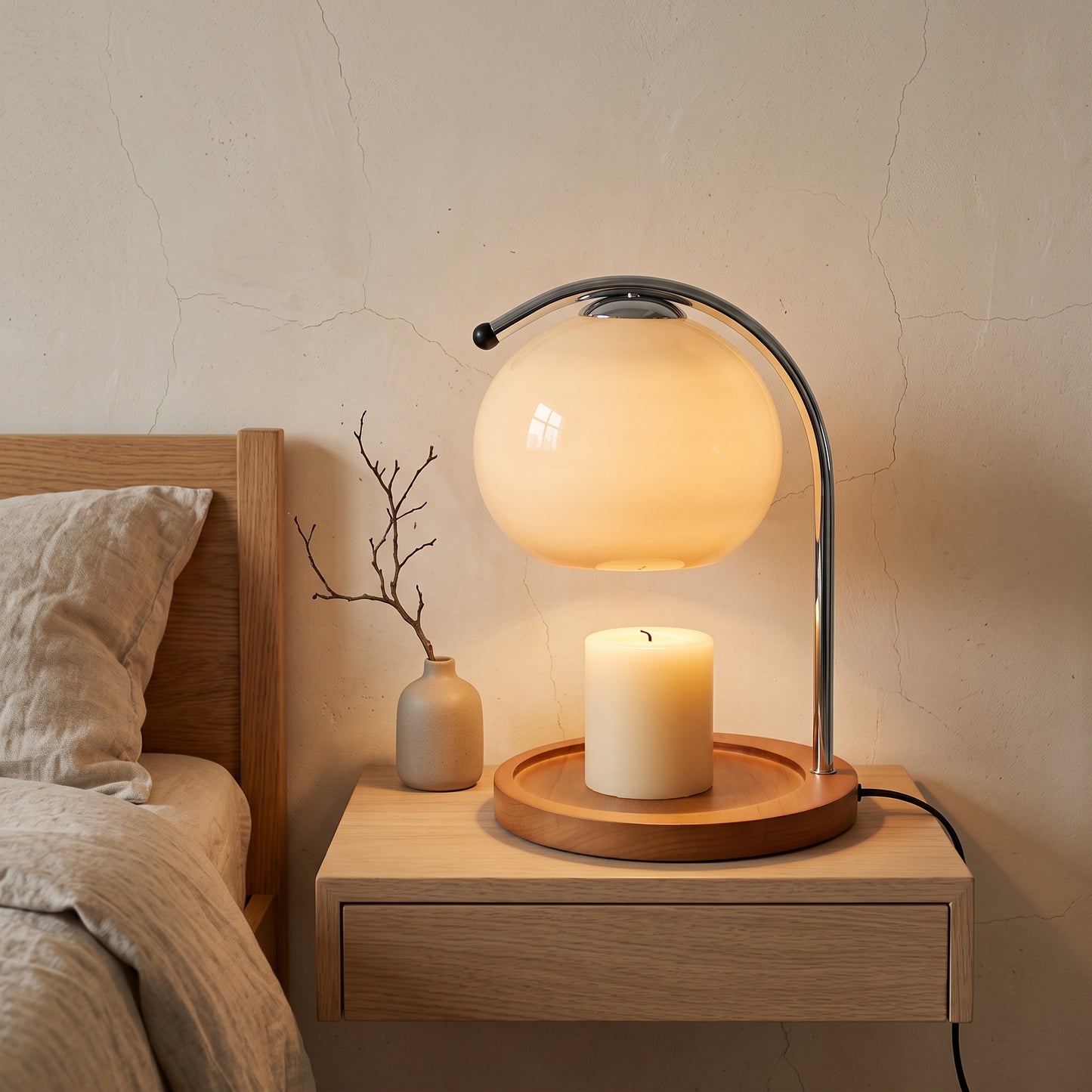 Wick™ glowing on an oak bedside table, melting a pillar candle without a flame