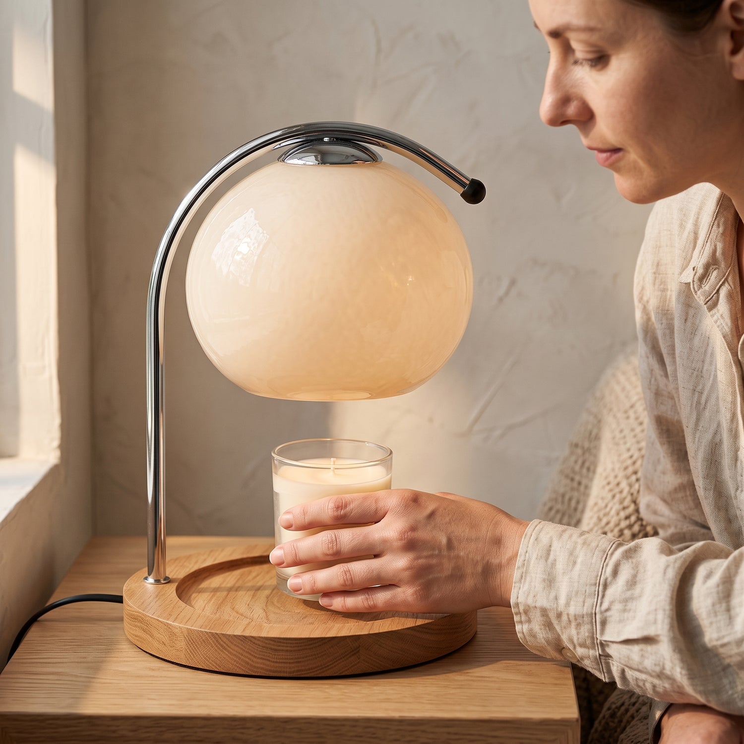 A hand setting a candle into the recessed well of the Wick™ wood base