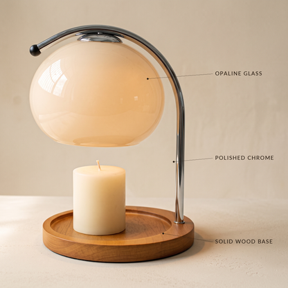Wick™ detail — opaline glass shade, polished chrome arm, solid wood base