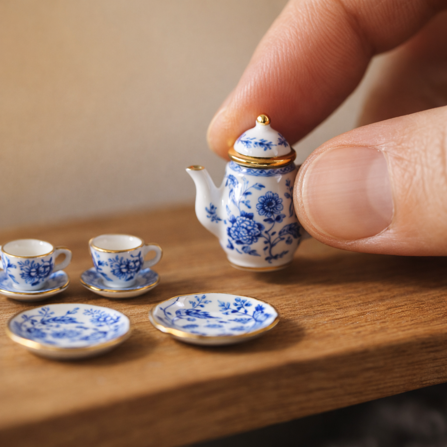 The 33mm porcelain teapot held between two fingertips, being placed on an oak shelf beside miniature cups and plates