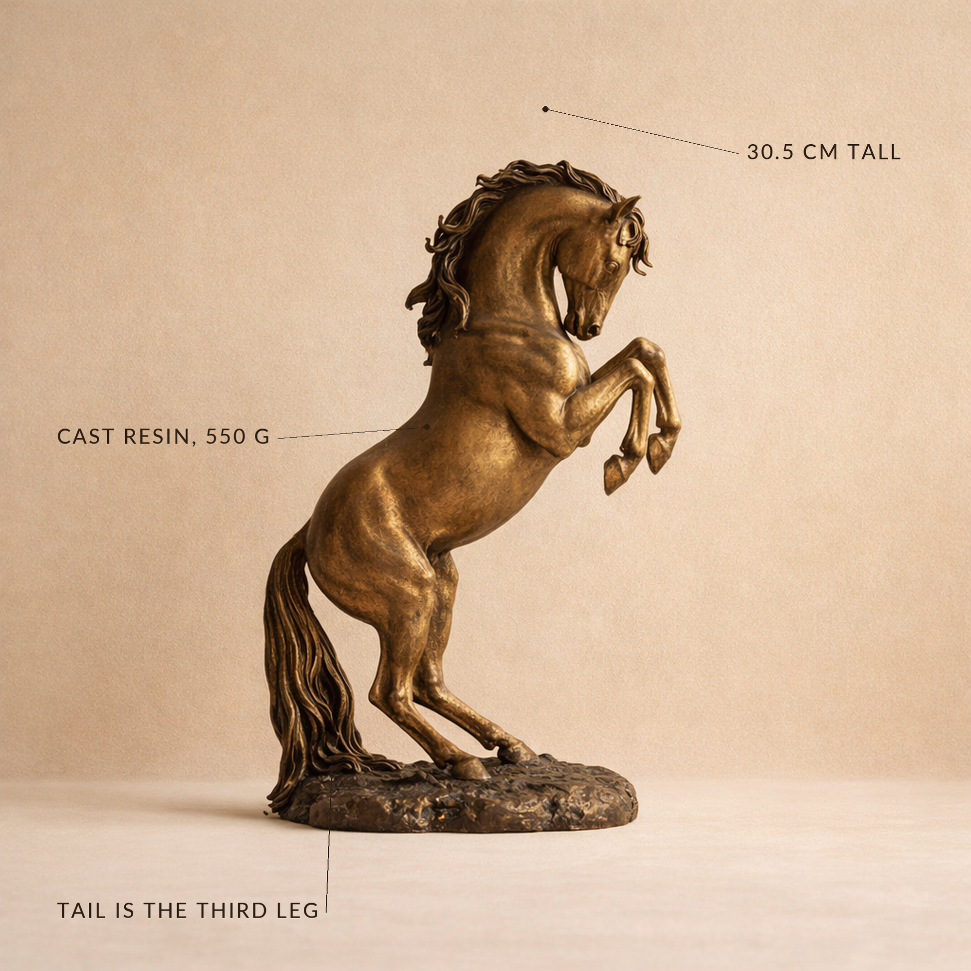 Horse statue labelled 30.5 cm tall, cast resin 550 g, tail is the third leg